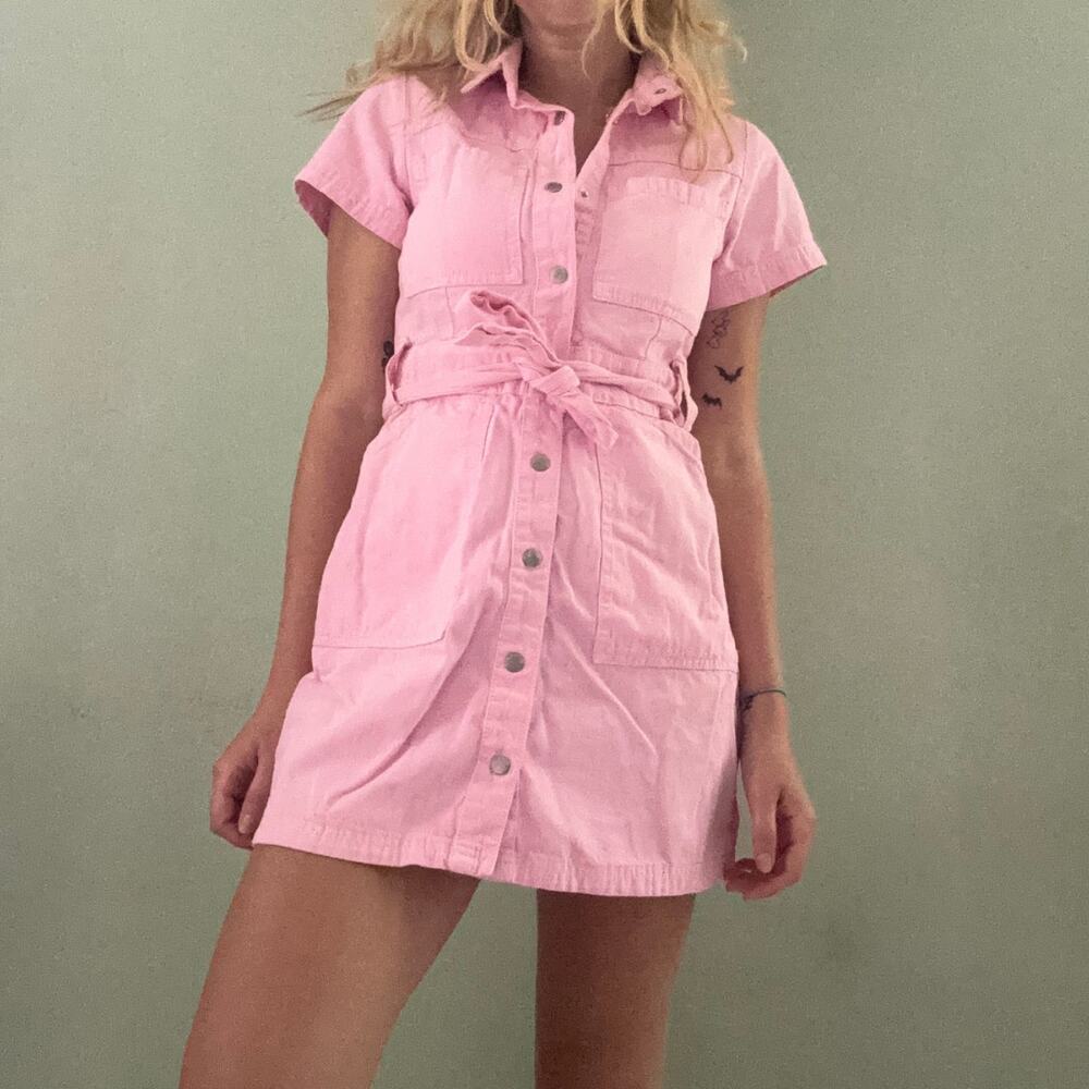 Cotton On Utility Mini Dress Pink Size Small Denim Cargo Pastel Short Sleeve